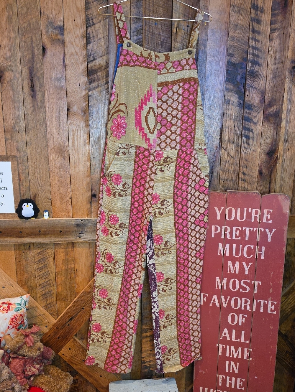 054p EARTHBOUND Pink & Tan Patchwork Overalls Jumpsuit